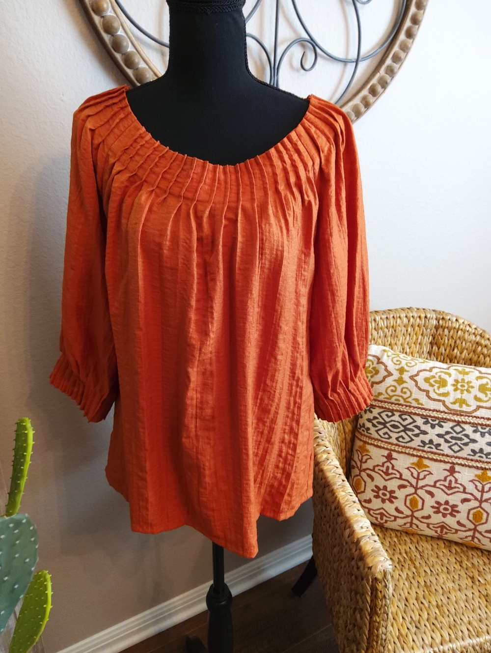 Rust Orange Smocked-Neck Peasant Top